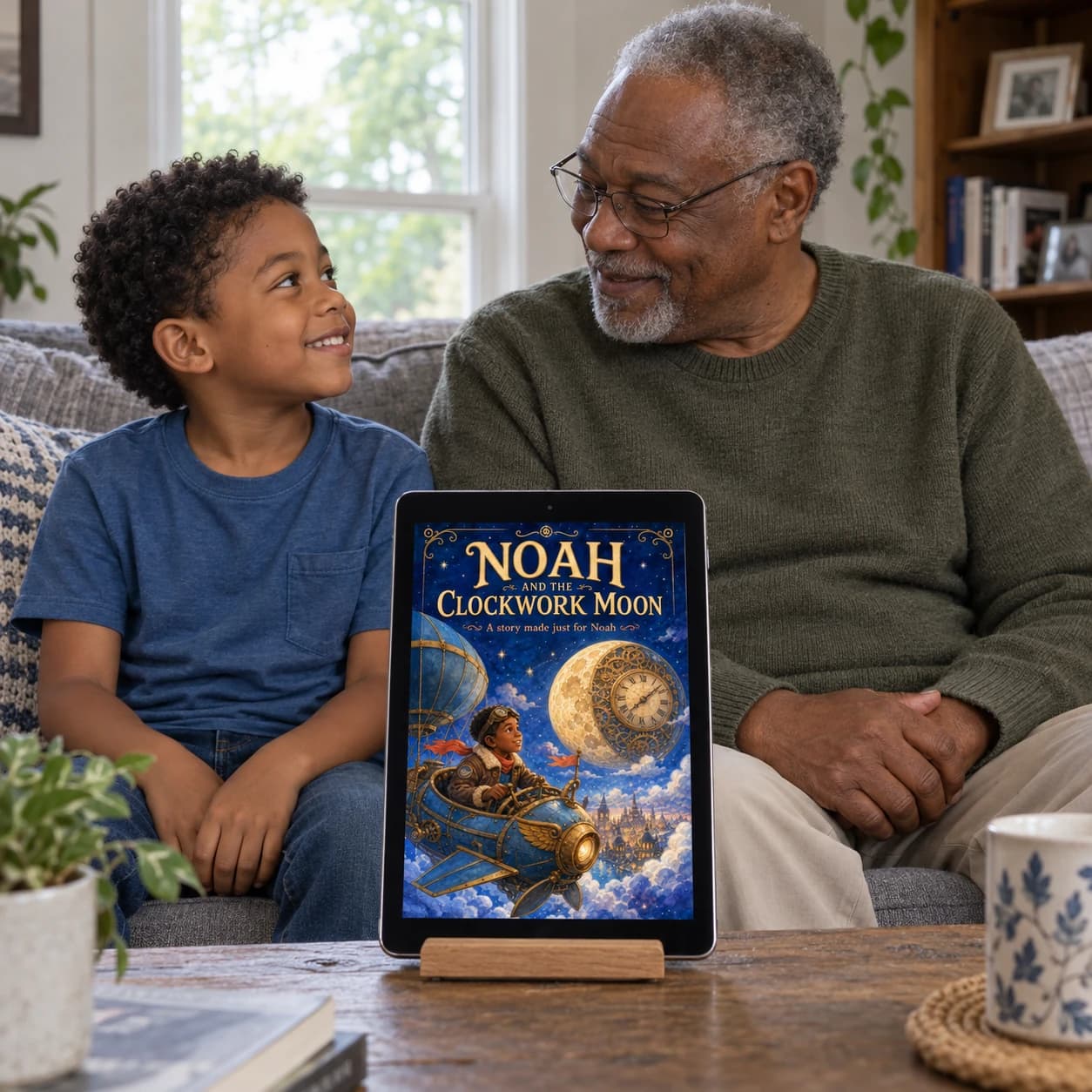 Editorial scene of a grandfather and grandson with the Noah and the Clockwork Moon digital book on a tablet