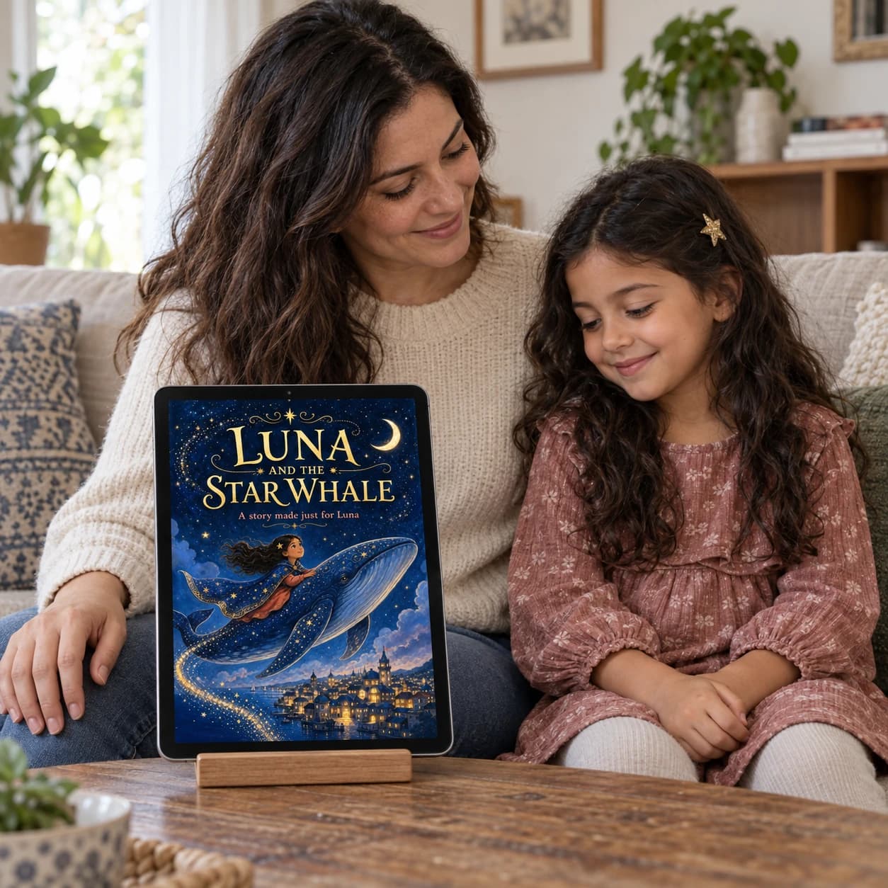Editorial scene of a mother and daughter with the Luna and the Star Whale digital book on a tablet