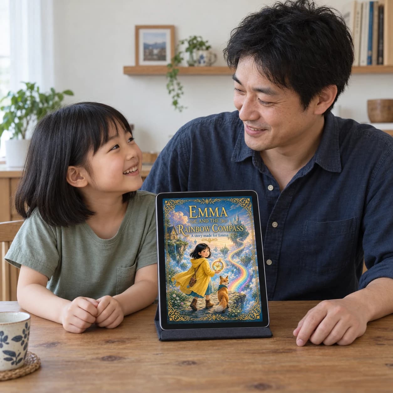 Editorial scene of a father and daughter with the Emma and the Rainbow Compass digital book on a tablet