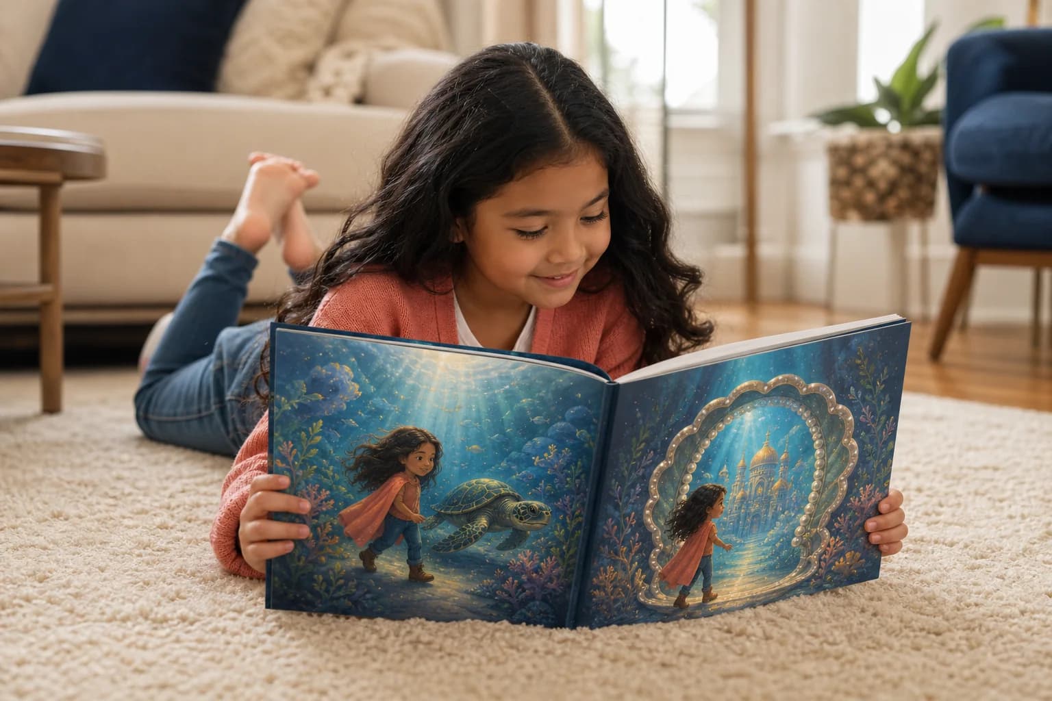 Luna — A child reading an open Heroica book with the same illustrated character in two different adventures