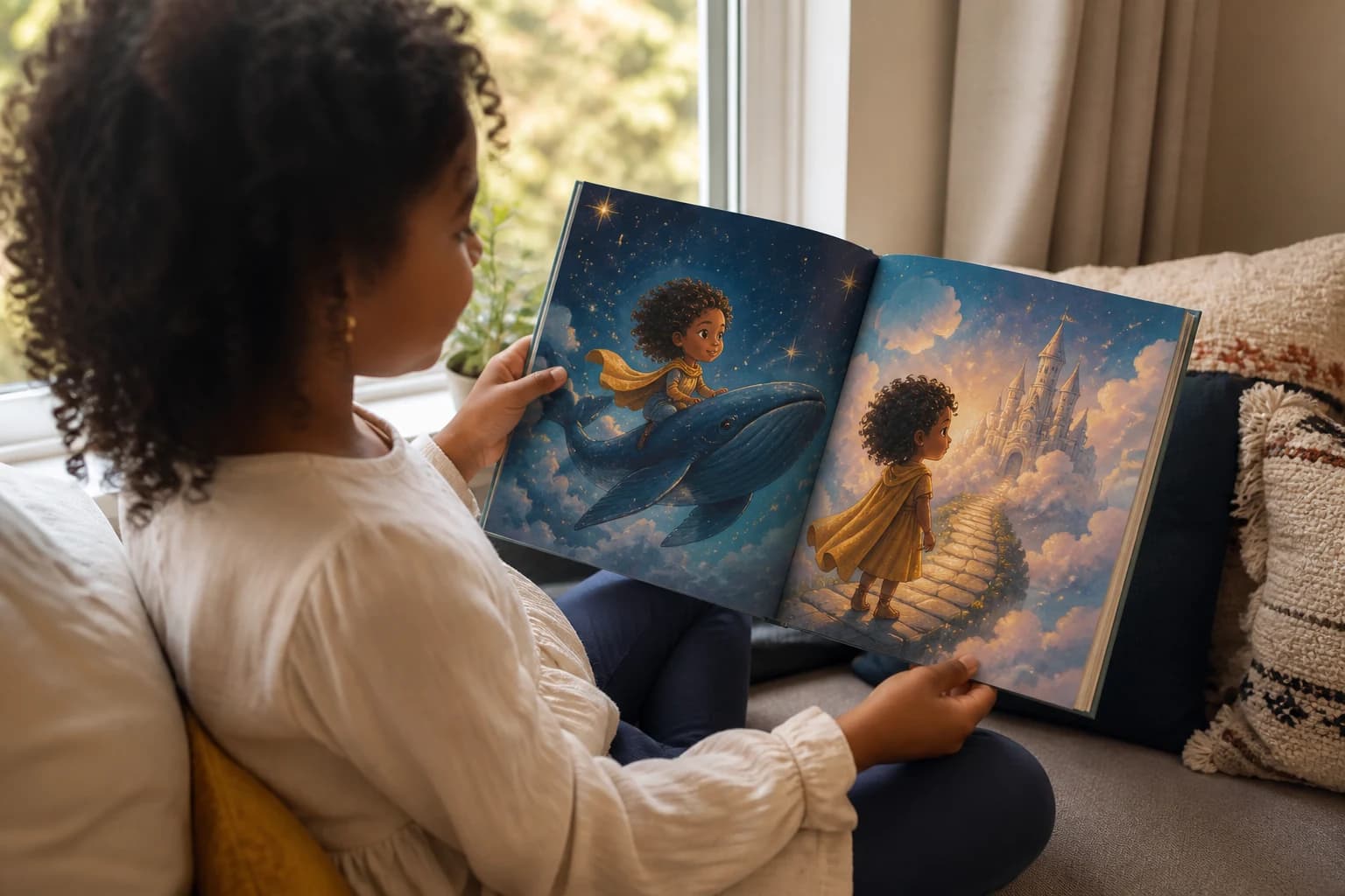 A child reading a Heroica book while the story is narrated