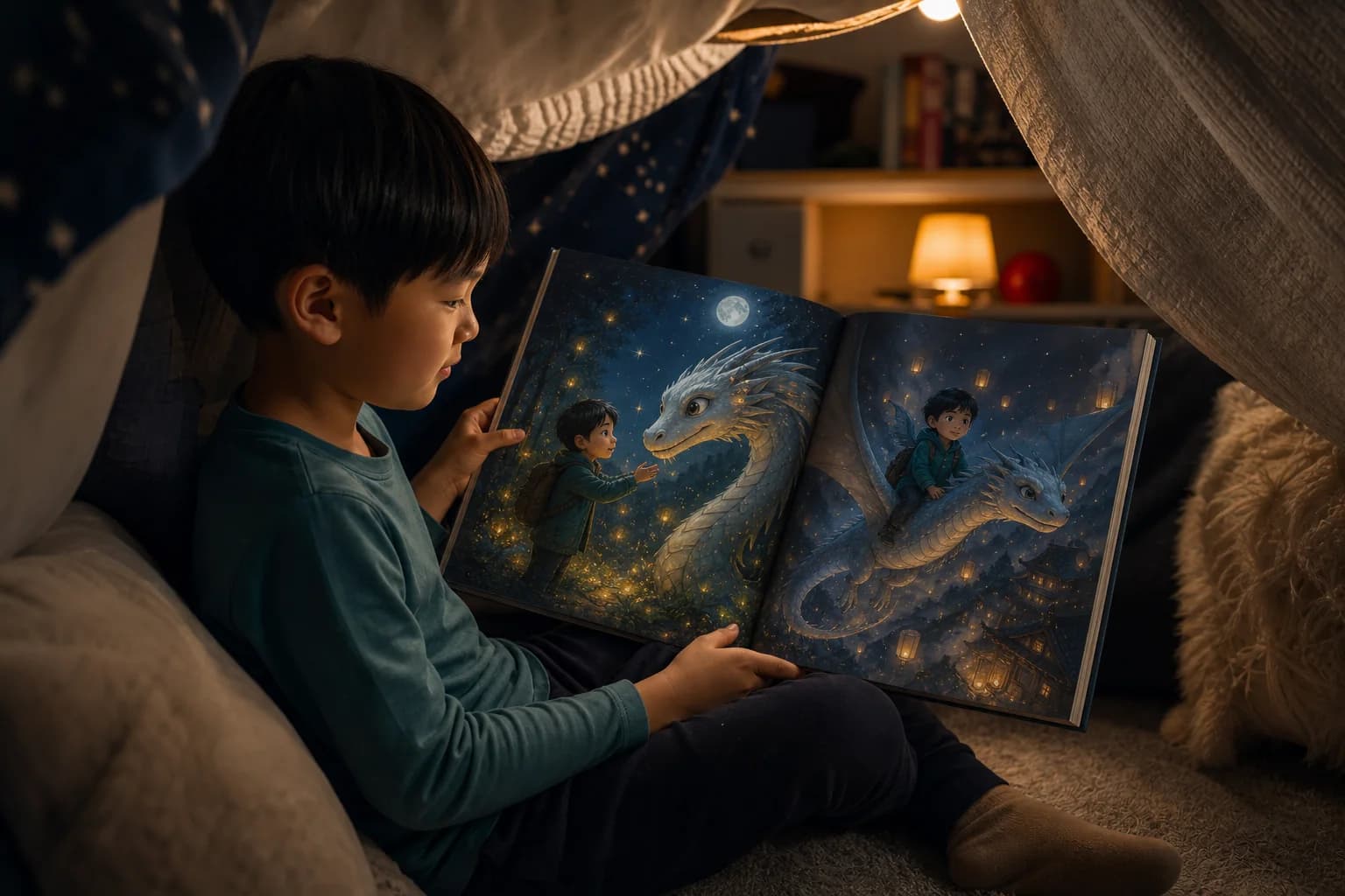 Theo — A child reading an open Heroica book with the same illustrated character in two different adventures